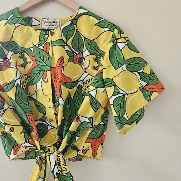 Alessandro Enriquez Lemon Print Short Sleeve Front Tie Blouse IT 42 - Picture 5 of 9